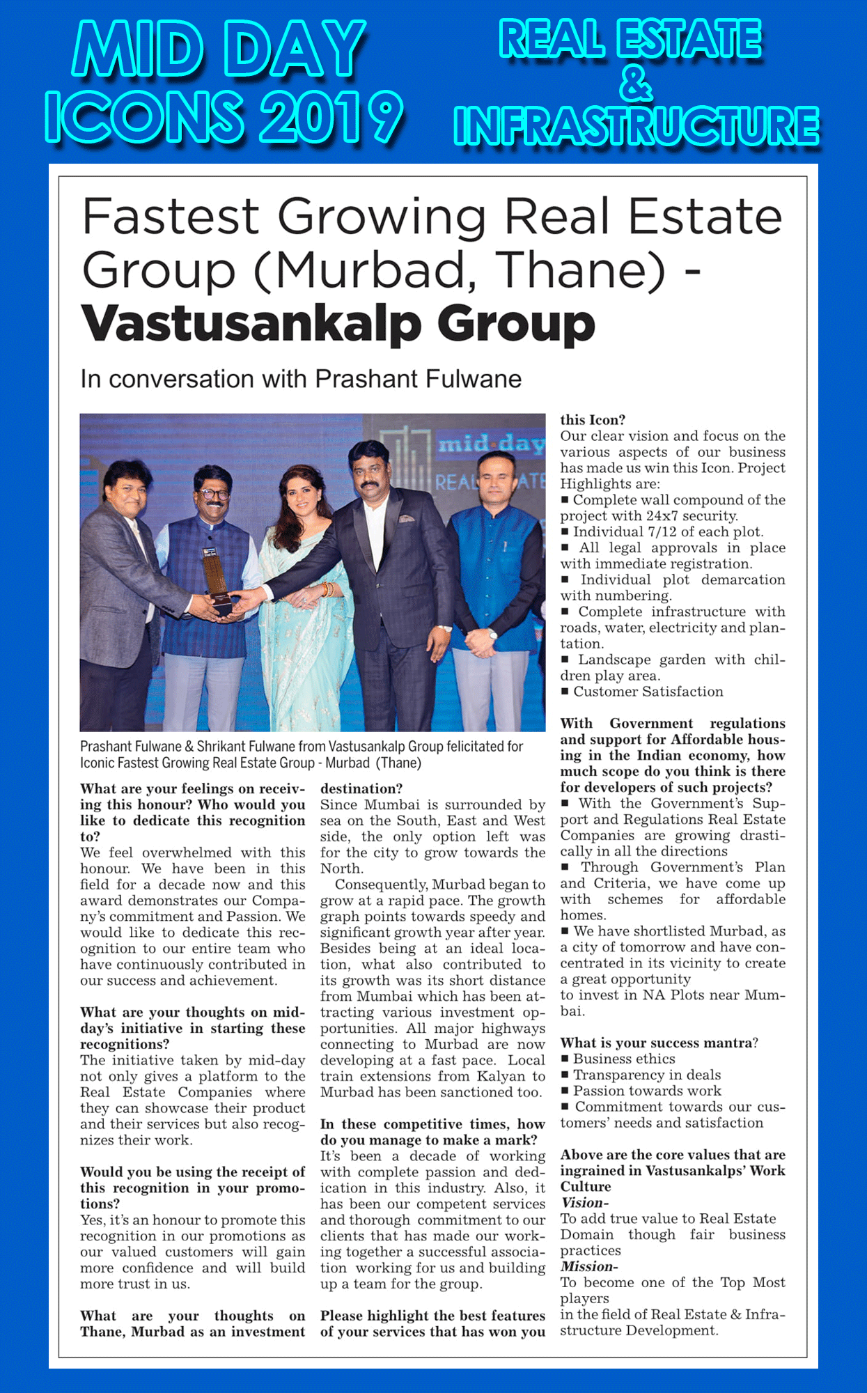 Mid-Day Real Estate & Infrastructure Icons 2019 — Vastusankalp Group
