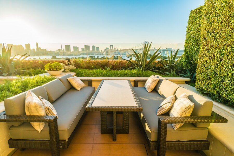 Outdoor patio with table and chairs